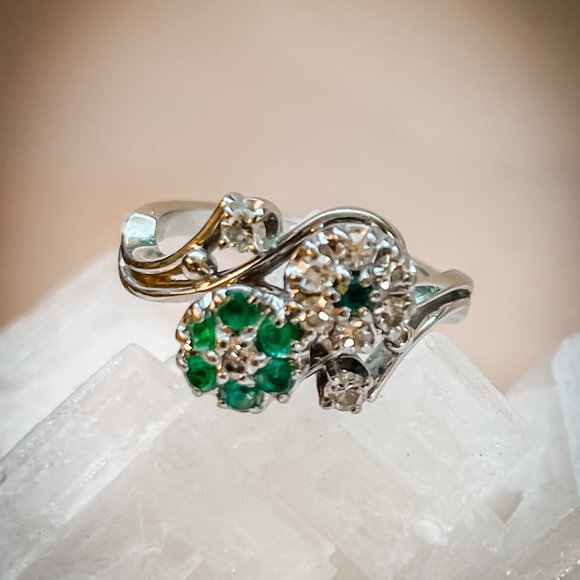 Emerald and Diamond Flower Ring - Picture 1 of 4